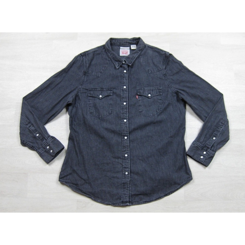 Levi's Denim Button Up Shirt Women's (XL) Pearl Snap Western Black Jean